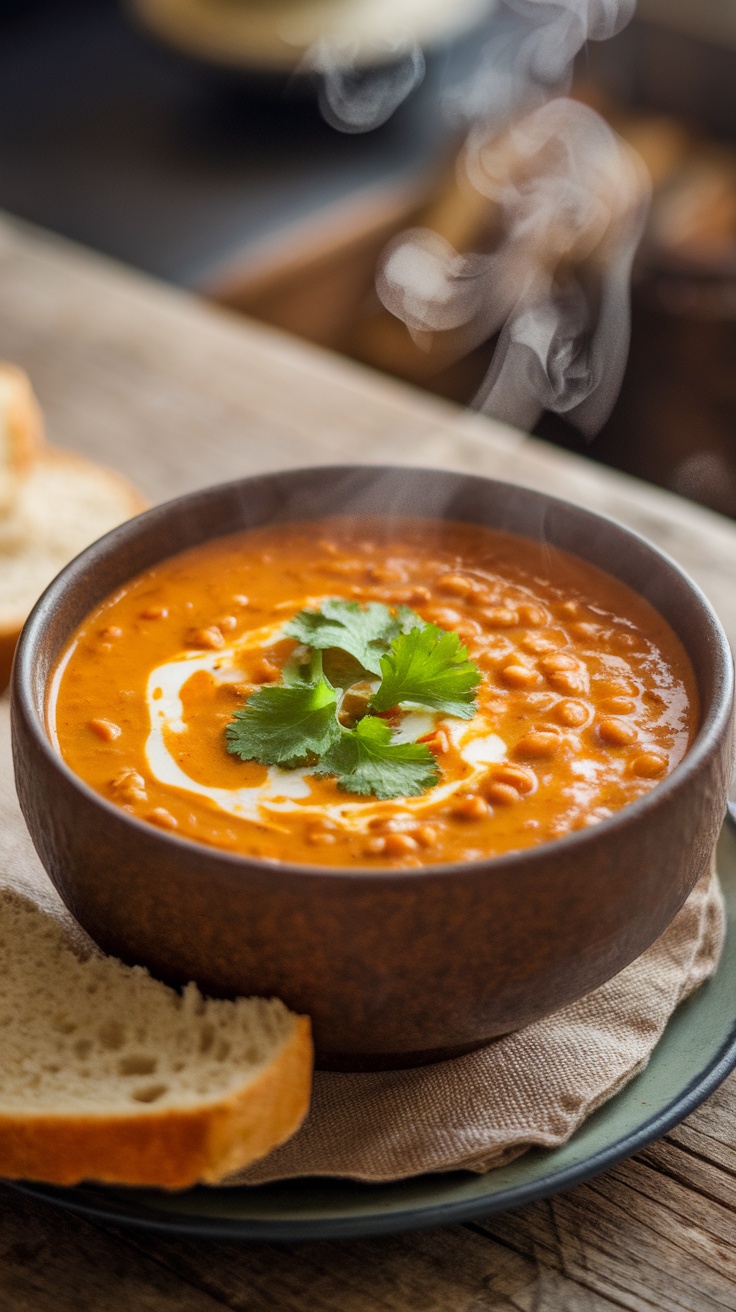 A cozy bowl of Coconut Curry Lentil Soup garnished with cilantro, served on a rustic table with bread.